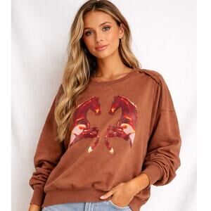 Rust Brown Double Horse Graphic Sweatshirt – Style of Free People – Size S
